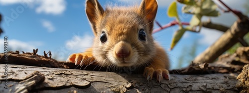 Curious Brown Squirrel Perched on Tree Branch