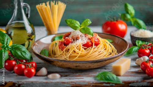 Italian spaghetti ingredients, including tomatoes and cheese, arranged artfully for kitchen cuisine concept
