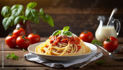 Italian spaghetti ingredients  including tomatoes and cheese  arranged artfully for kitchen cuisine concept