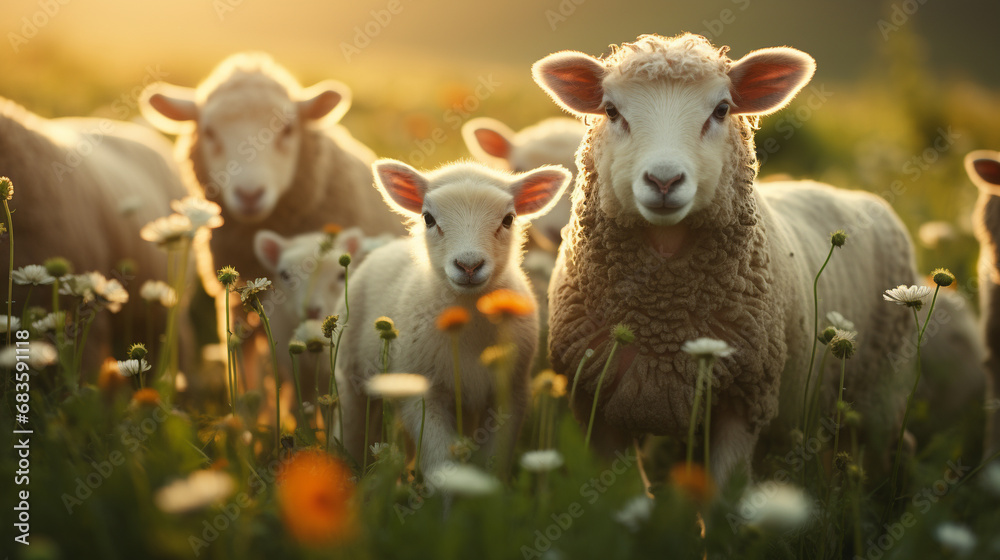 Obraz premium sheep and lambs HD 8K wallpaper Stock Photographic Image 
