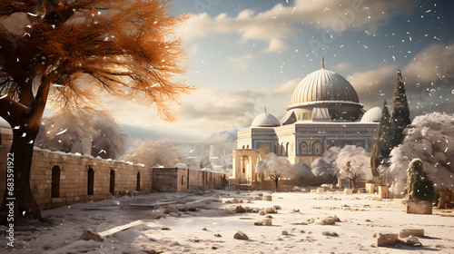 Beautiful picture of Al-Aqsa mosque in winter with the snow photo
