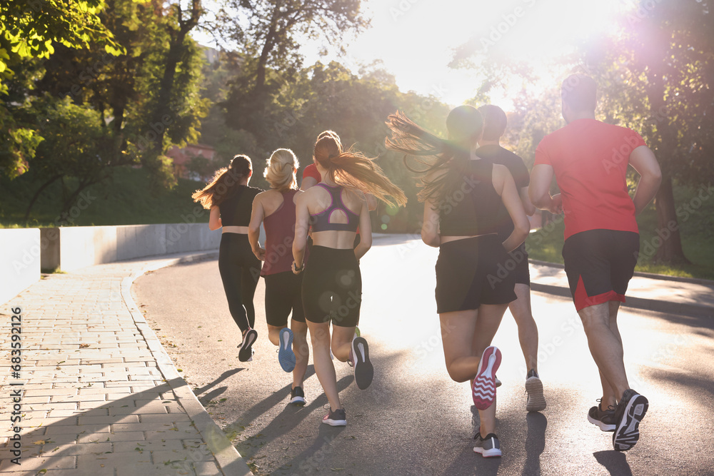 Group of people running outdoors on sunny day, back view