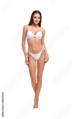 Young woman in stylish bikini isolated on white