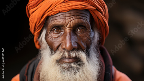 A Wise Elder hindu  with a gray  Beard and Vibrant Orange Turban photo