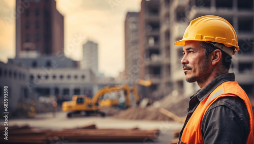 Construction worker with a blurry building area background photo