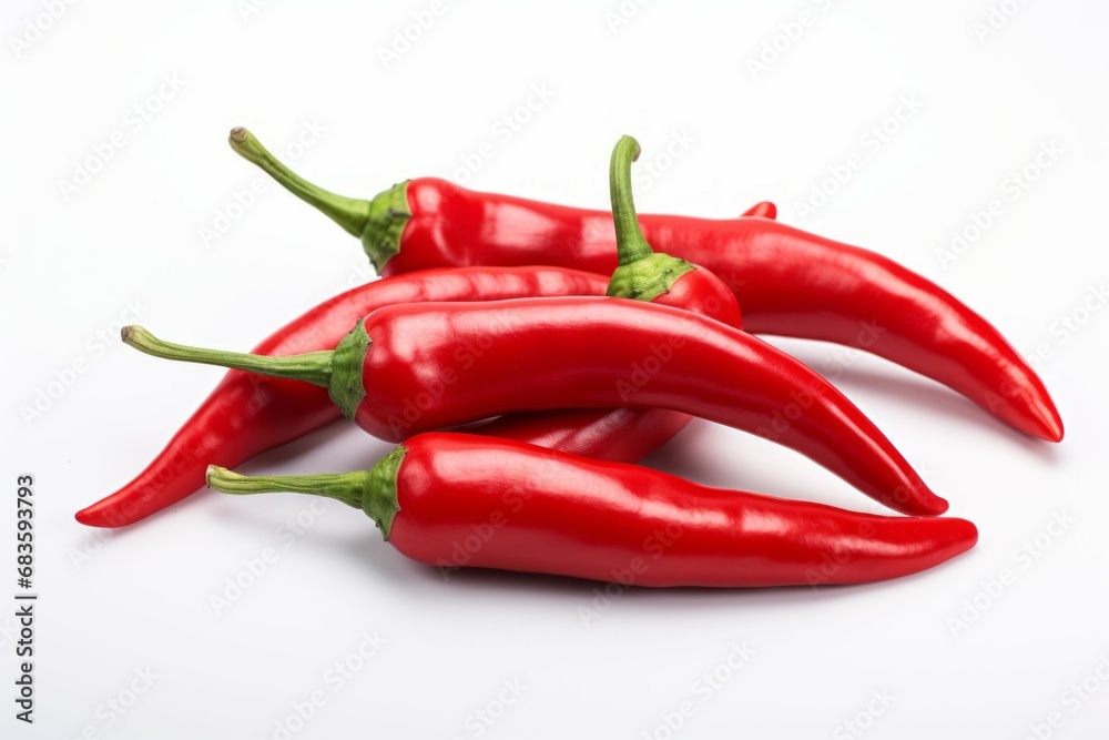 Red chili pepper on a white backdrop. Background with selective focus and copy space