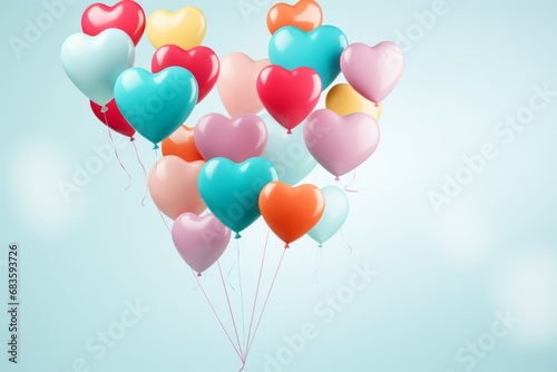 Inflatable heart-shaped balloons on a festive backdrop. Background with selective focus and copy space