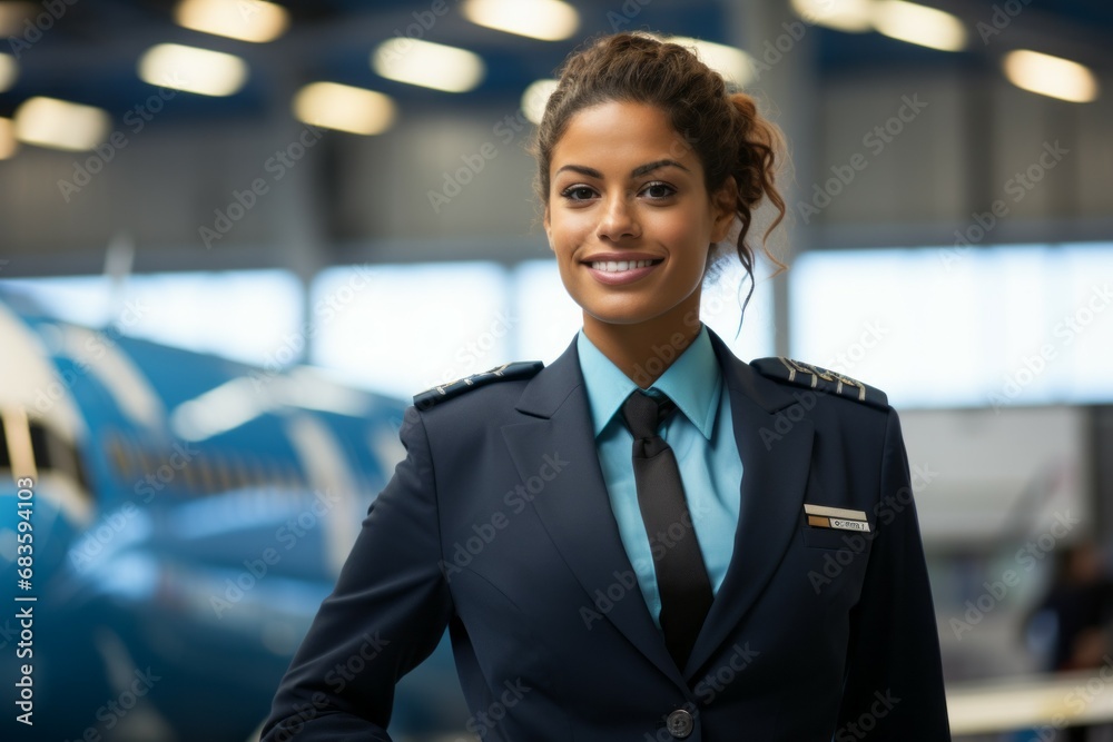 Female flight attendant. Top professions concept. Portrait with selective focus and copy space Female flight attendant. Top professions concept. Portrait with selective focus and copy space