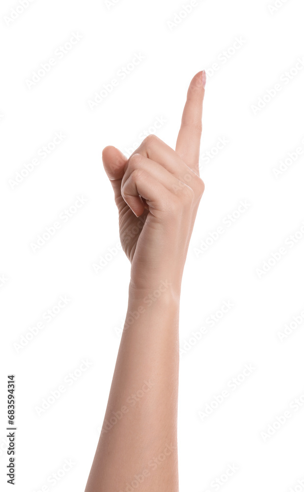 Woman pointing with index finger on white background, closeup Woman pointing with index finger on white background, closeup