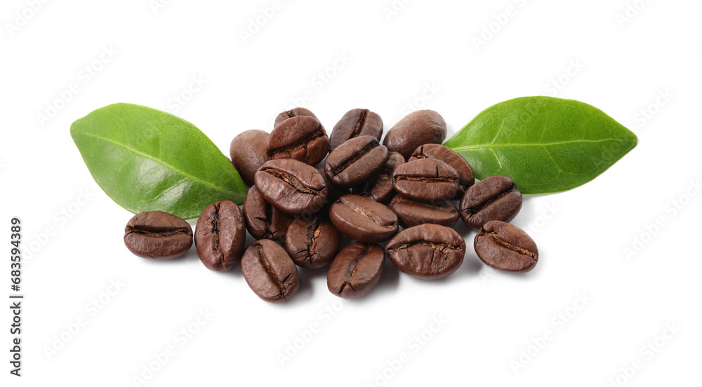 Fototapeta premium Roasted coffee beans and leaves isolated on white