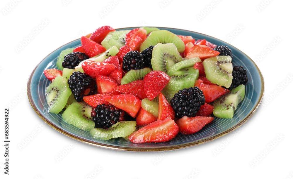 Plate with tasty fruit salad isolated on white Plate with tasty fruit salad isolated on white