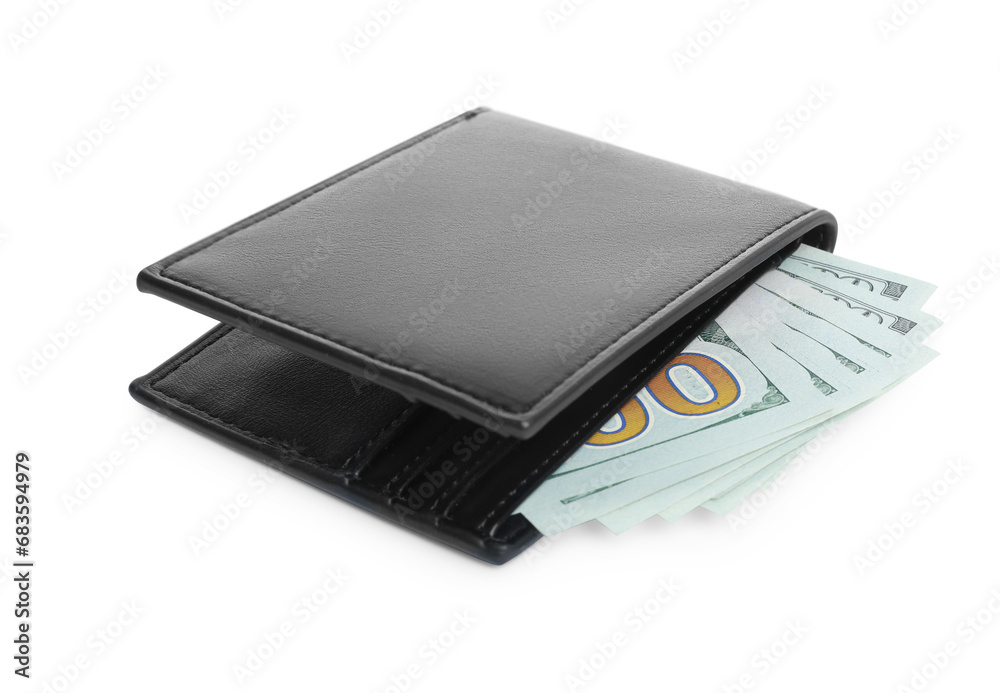Stylish black leather wallet with money isolated on white Stylish black leather wallet with money isolated on white