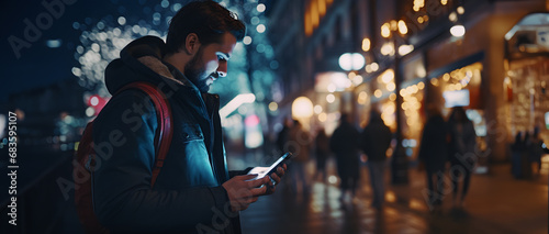man walking through the city at night looking at his mobile phone and writing a message