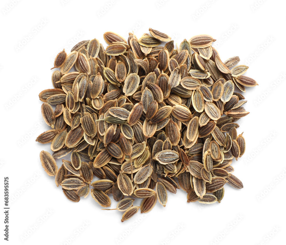 Pile of dry dill seeds isolated on white, top view Pile of dry dill seeds isolated on white, top view