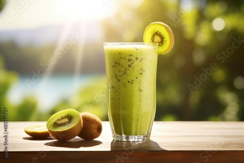 A Healthy Start to the Day with a Freshly Made Kiwi Smoothie in the Warm Glow of Morning Sun