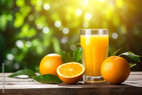 The morning sun illuminates a glass of freshly pressed orange juice, complete with an orange slice garnish, on a rustic table