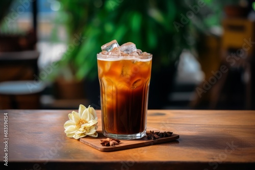 A blend of tradition and refreshment: Iced chai in a rustic cafe ambiance