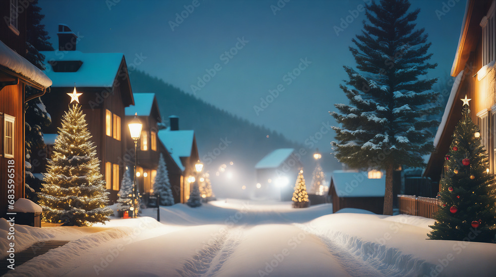 Snowy Street with Lit Christmas Tree and Row of Houses with Nighttime Lights (Generative AI)