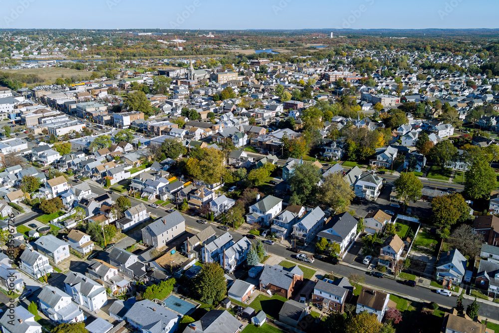 View of small American town from height in New Jersey