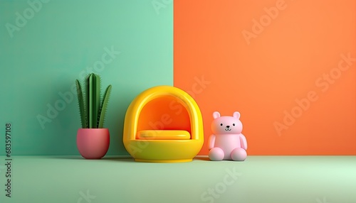 An orange child armchair on a light greenand orange background, backdrop for child photo portrait photo