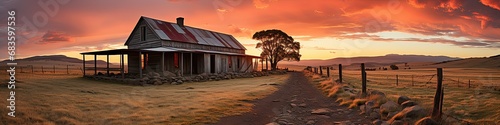 sunrise over plains with old house