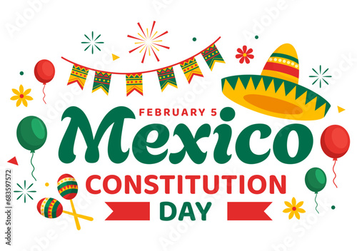 Dia De La Constitucion Vector Illustration. Translation: Happy Constitution Day of Mexico on February 5 with Mexican Hat and Waving Flag Background