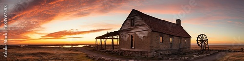 decrepit house with sunset