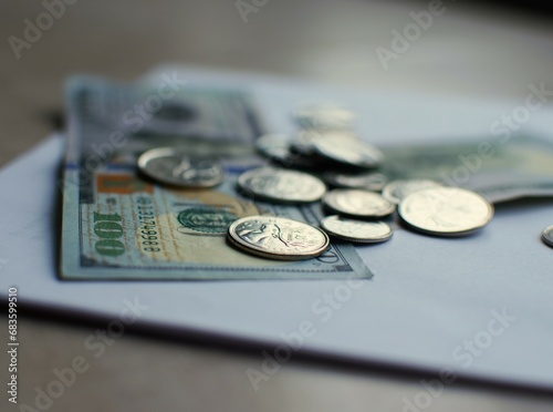 banknotes and coins on paper