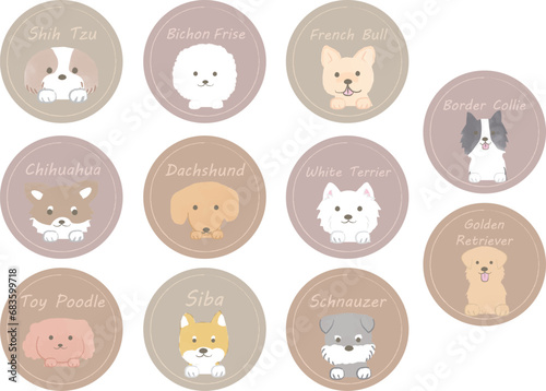 ひょっこり顔をだすかわいい犬の顔のセット　犬種アイコン　