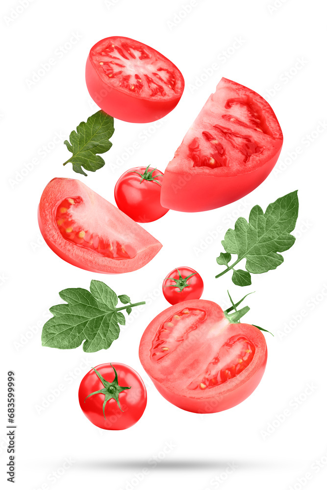 Naklejka premium Fresh ripe tomatoes and green leaves falling on white background
