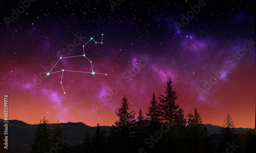 Lion (Leo) constellation in starry sky over mountains at night