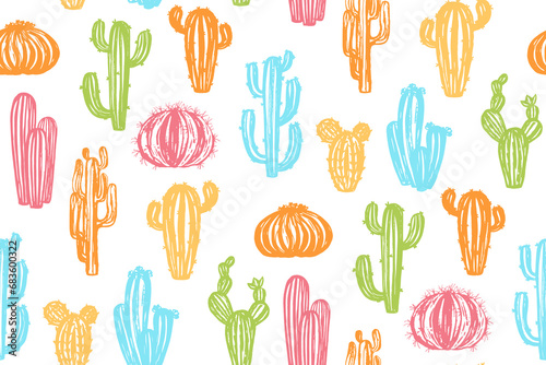 Cactus hand drawn grungy seamless pattern. Trendy cartoon textured succulent plants repeat ornament. Scrapbook botanical paint desert cacti endless decor. Exotic western wallpaper vector illustration