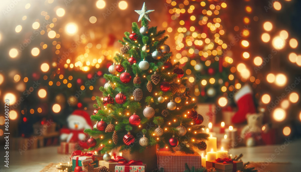 Festive Christmas tree in a living room. Generative ai. Festive Christmas tree in a living room. Generative ai.