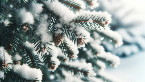 Winter background with a close-up view of snow-covered pine tree branches in a forest. Generative ai.
