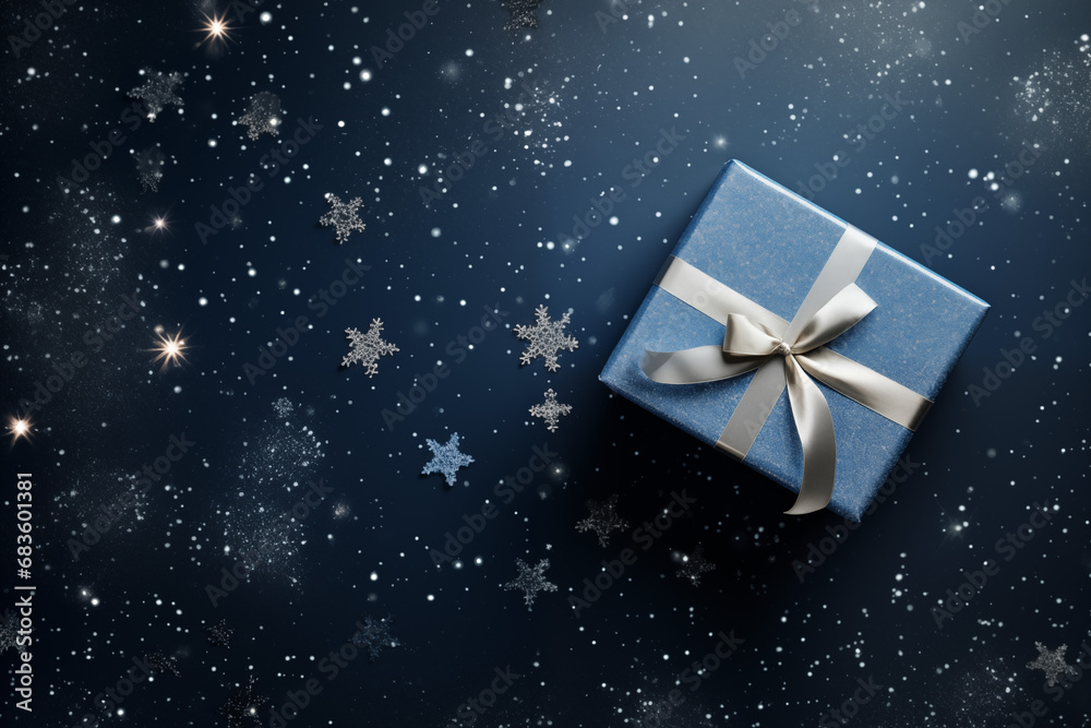 Christmas present with bow ribbon on dark blue background with and confetti stars and lights. Shopping, sale banner, flyer, coupon with copy space. Greeting card for Hanukkah, birthday, fathers day Christmas present with bow ribbon on dark blue background with and confetti stars and lights. Shopping, sale banner, flyer, coupon with copy space. Greeting card for Hanukkah, birthday, fathers day