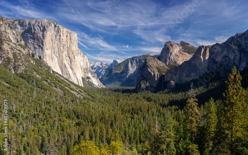Yosemite National Park Panorama, Scenic Tunnel View Roadside Viewpoint. Famous Half Dome and El Capitan Granite Mountain Peaks Landscape, Sierra Nevada Forest Valley