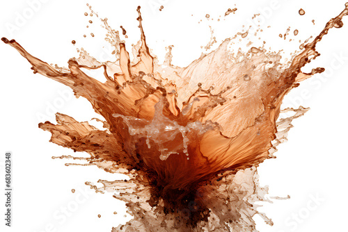 powerful explosion of splash brown water, white lighting on white isolated background