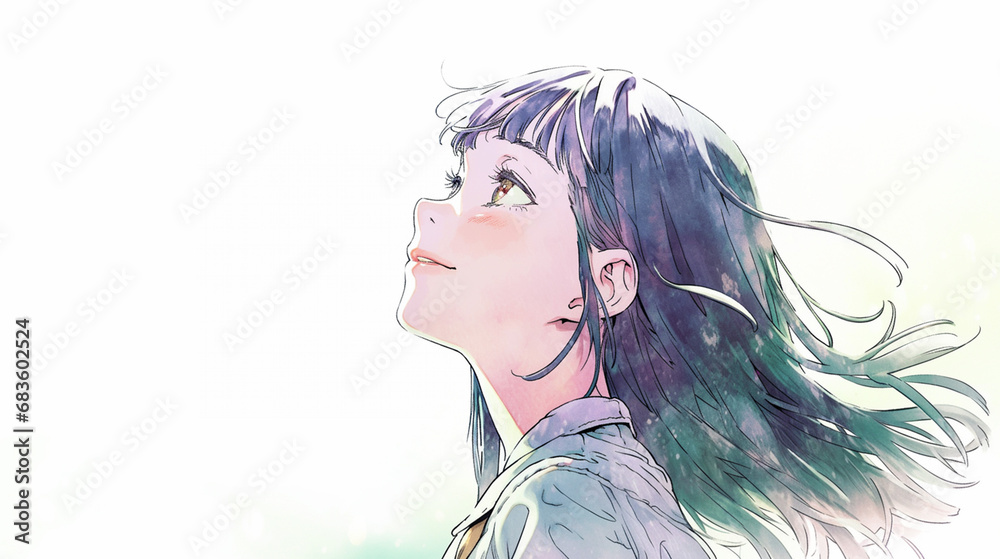 Fototapeta premium 光の中で空を見上げる若い女性の横顔
