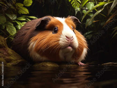 Realistic Realistic Fluffy guinea pig looking at camera from water, Generative Ai