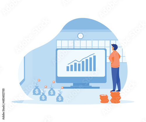 Businessman relaxes waiting for the money to enter his dollar coins.  flat vector modern illustration 