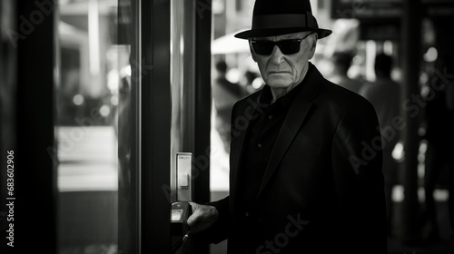 Elder Man in black suit walking on the street of city, wear hat and sunglasses, monochrome