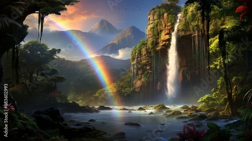 A rainbow arcing over a majestic waterfall in a lush  tropical paradise.