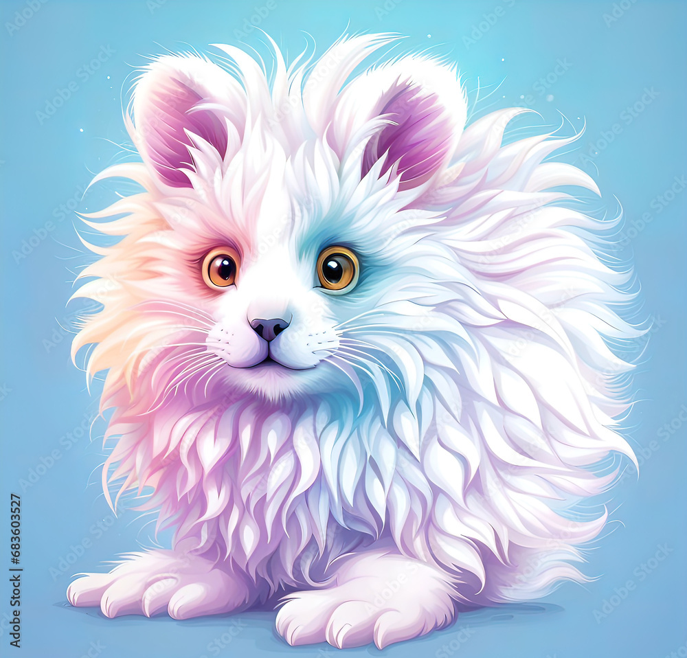 Cute little fantastic white fluffy animal, designer print,