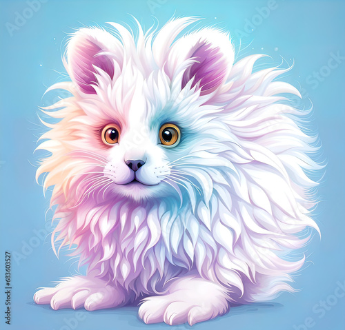 Cute little fantastic white fluffy animal, designer print,