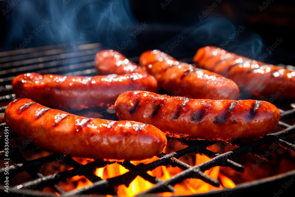 Close-up on the smoked and juicy sausage, exuding its tempting aroma. Tasty and seasoned gourmet sausage, a delight ready to be enjoyed. Close-up on the smoked and juicy sausage, exuding its tempting aroma. Tasty and seasoned gourmet sausage, a delight ready to be enjoyed.