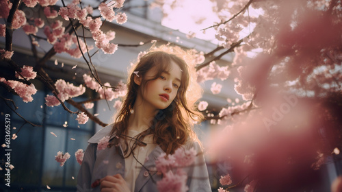 満開の桜と綺麗な女性のポートレート