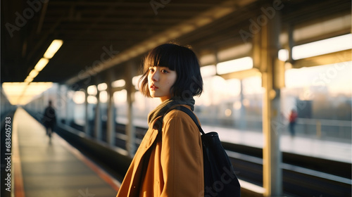 駅のホームに立つ若い女性 photo