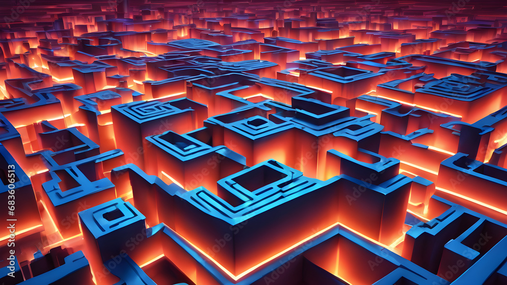 neon synthwave maze labyrinth 3d perspective concept illustration  - obrazy, fototapety, plakaty 