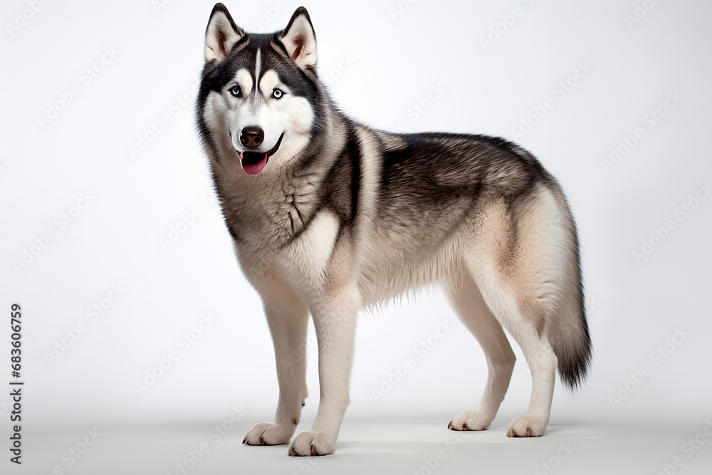 Siberian Husky left side view portrait. Adorable canine studio photography.