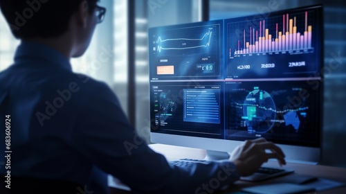 Business finance data analytics graph.Financial management technology.Advisor using KPI Dashboard on virtual screen, Generative AI 